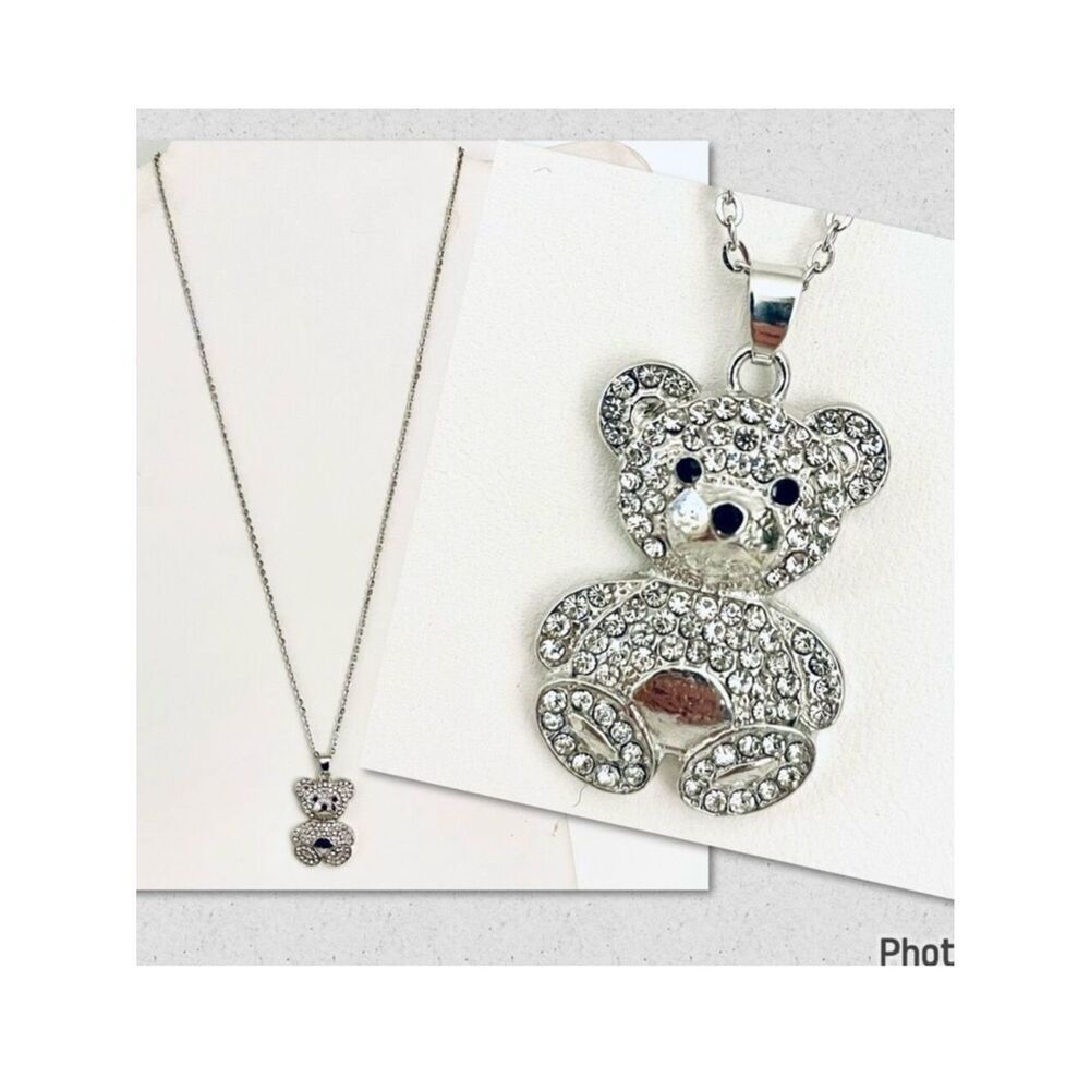 NWT Gorgeous Silver Bear Long Chain Bling Bling Necklace with White Rhinestones